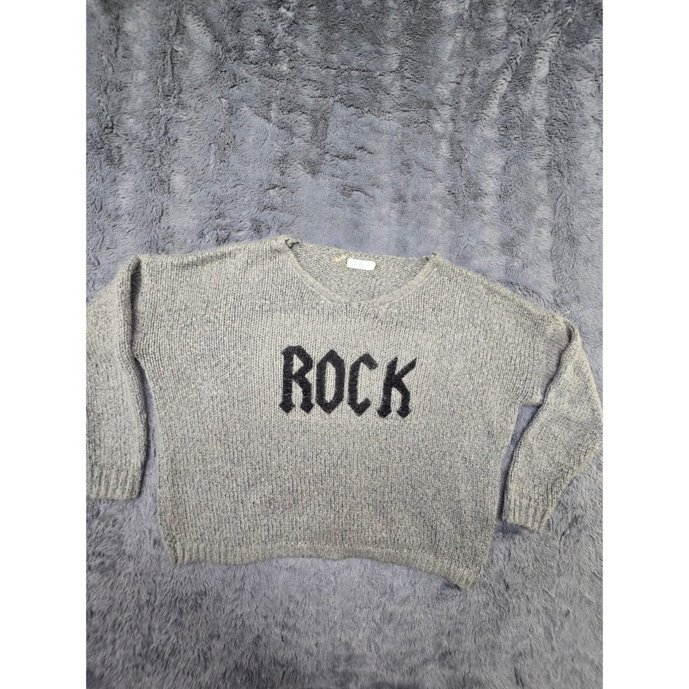 Elan Gray Rock Graphic Knit V-Neck Sweater Mens Medium Long Sleeve Pullover
